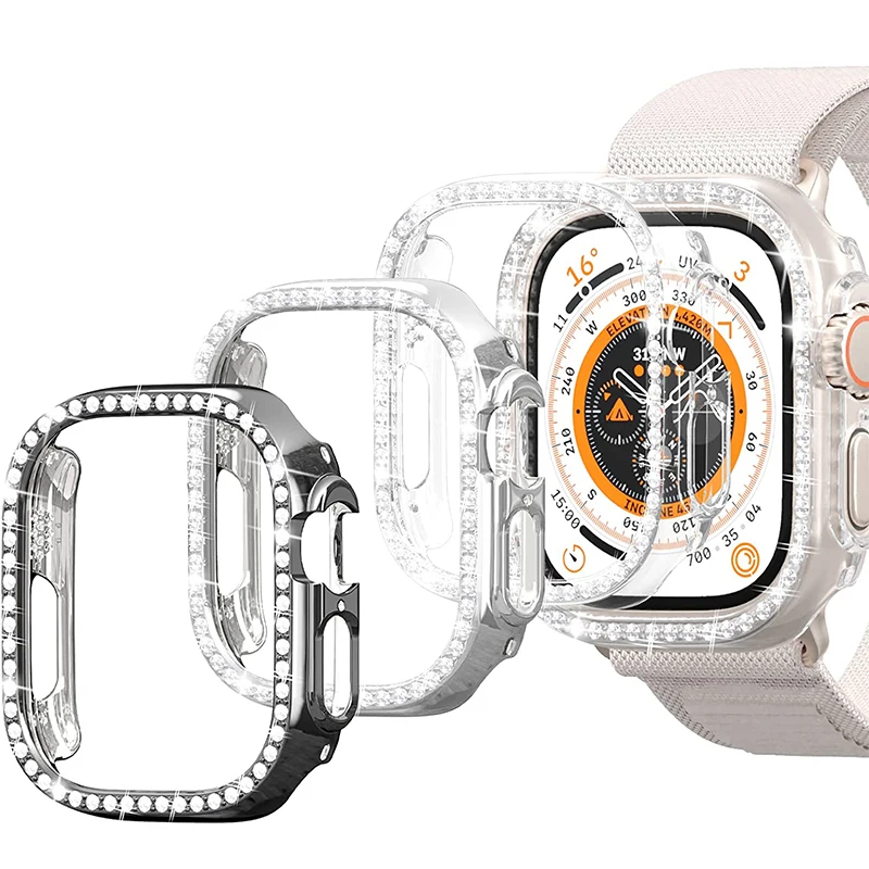 Алмазный чехол Для Apple Watch Ultra 49 мм 45 мм 41 мм 44 мм 40 мм 42 мм/38 мм Полная защита бампера iWatch series 3 4 5 6 SE 7 8