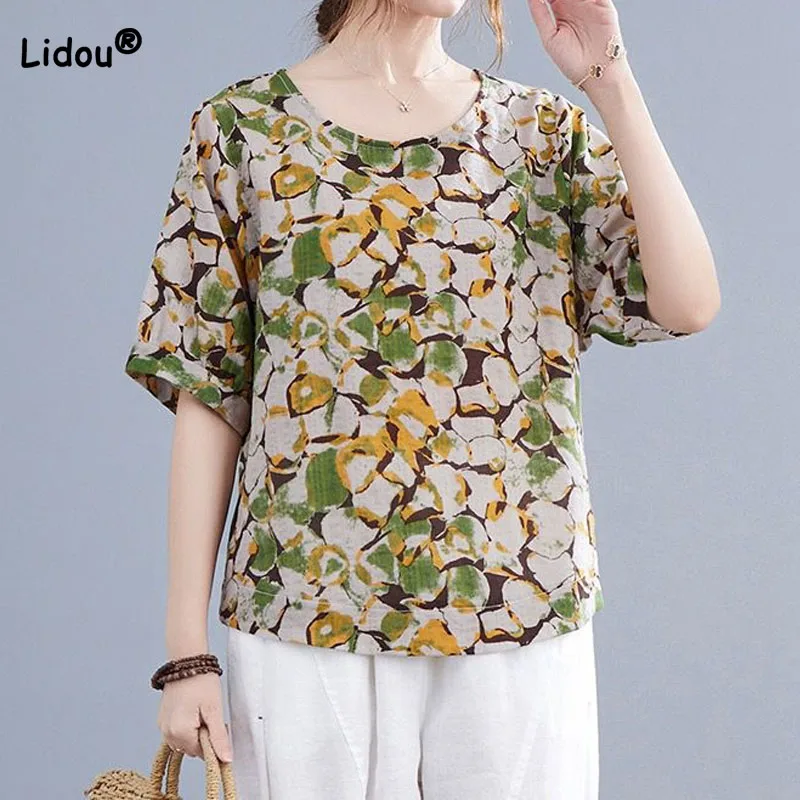 Модная новая корейская женская футболка с круглым вырезом и принтом 2023, Летние винтажные повседневные универсальные топы с коротким рукавом, Женская одежда