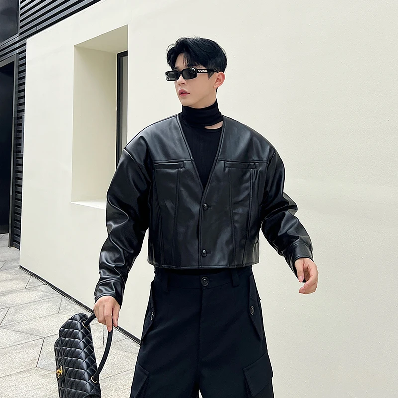 Весенне-осенняя мужская черная куртка, трендовая модная дизайнерская однобортное Свободное короткое кожаное пальто с V-образным вырезом