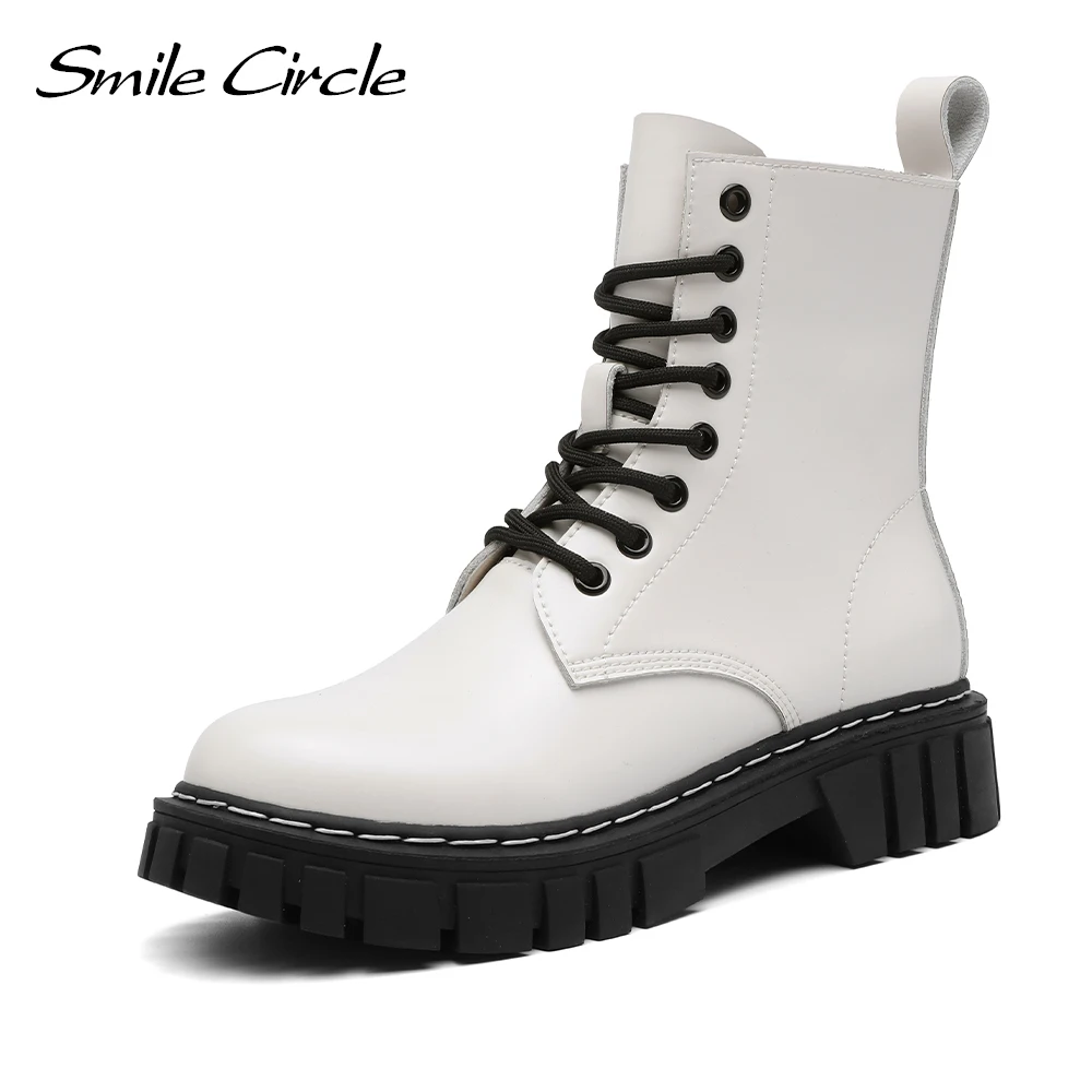 Осенние ботильоны Smile Circle, Женские Черные ботинки на платформе, Женская обувь с боковой молнией из натуральной кожи, Короткие мотоциклетные ботинки