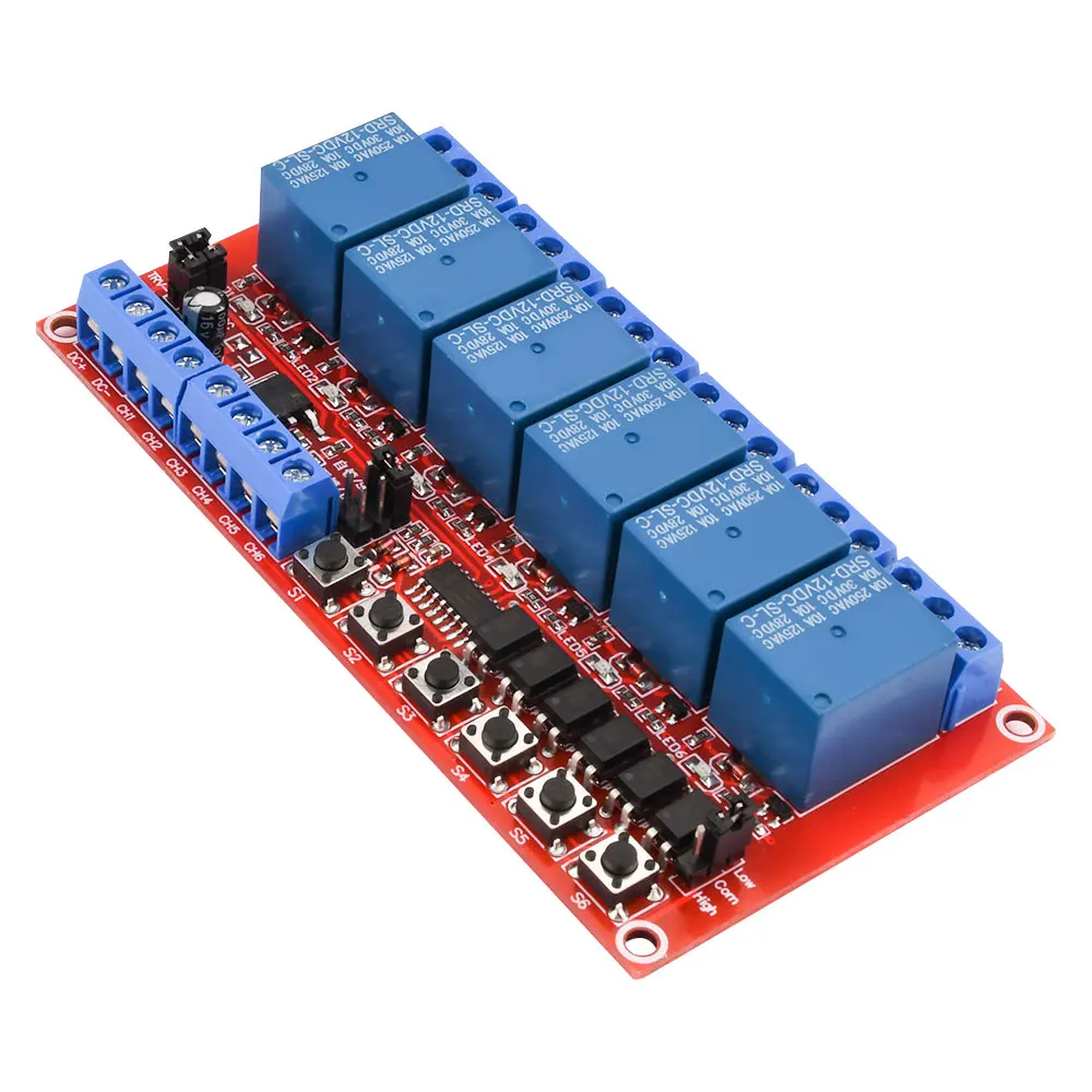 6-канальный релейный модуль постоянного тока 5 В 12 В 24 В с выходом изоляции оптрона, поддерживает триггер высокого и низкого уровня для Arduino