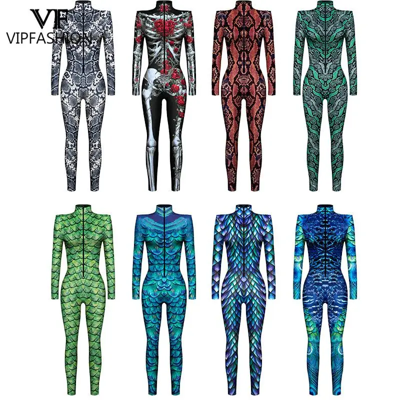 VIP МОДА, Сексуальная Женщина, Змеиный узор, 3D цифровая печать, женские костюмы для Косплея, облегающие боди Зентай на молнии с длинным рукавом