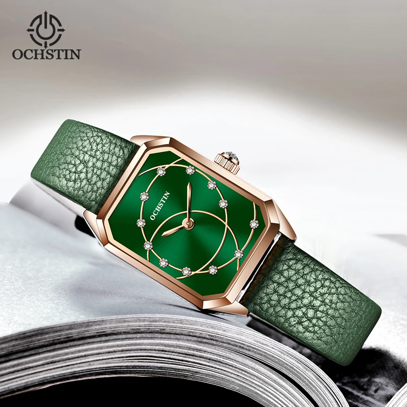 OCHSTIN легкие роскошные женские часы серии Parangon, простые женские наручные часы в стиле ретро с квадратным зеленым циферблатом, водонепроницаемые кожаные часы Изображение 0 