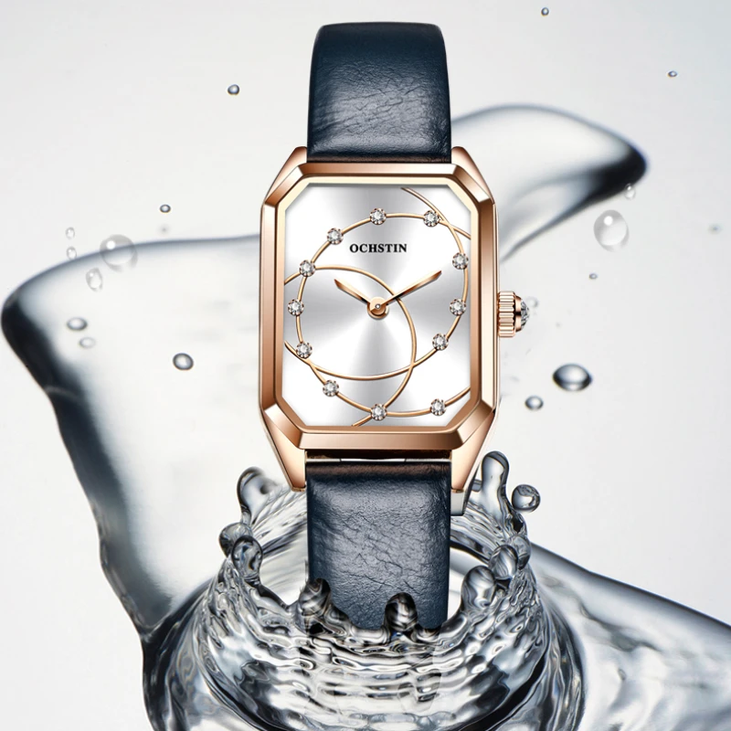 OCHSTIN легкие роскошные женские часы серии Parangon, простые женские наручные часы в стиле ретро с квадратным зеленым циферблатом, водонепроницаемые кожаные часы Изображение 2 