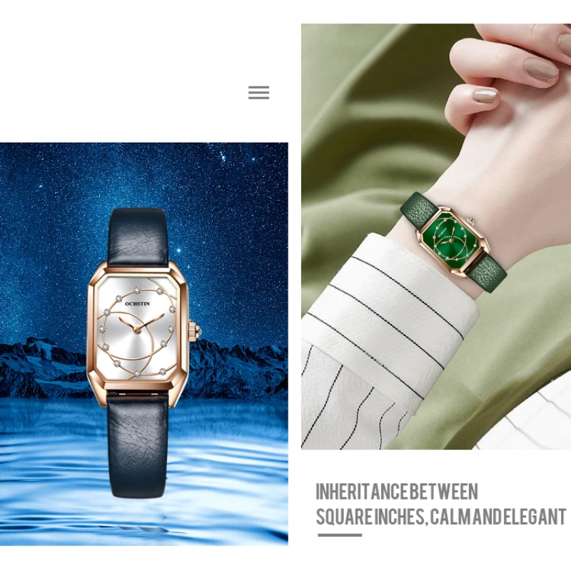 OCHSTIN легкие роскошные женские часы серии Parangon, простые женские наручные часы в стиле ретро с квадратным зеленым циферблатом, водонепроницаемые кожаные часы Изображение 3 