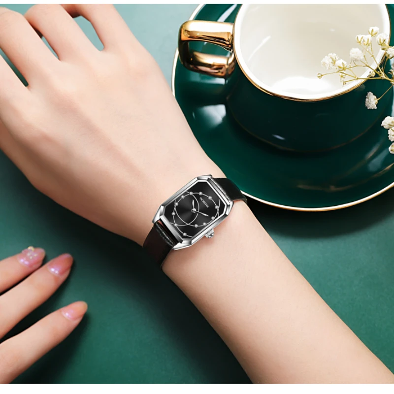OCHSTIN легкие роскошные женские часы серии Parangon, простые женские наручные часы в стиле ретро с квадратным зеленым циферблатом, водонепроницаемые кожаные часы Изображение 5 