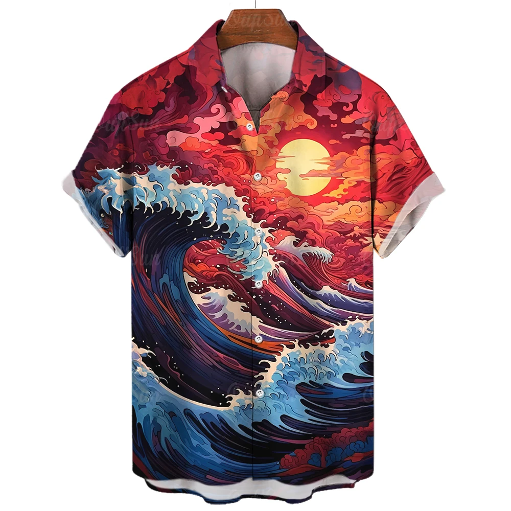 Мужская Летняя Рубашка В Японском Стиле с 3D Принтом, Гавайская Одежда, Рубашки с Лацканами и коротким рукавом, Негабаритные Мужские Топы, Винтажная Мужская Пляжная Блузка
