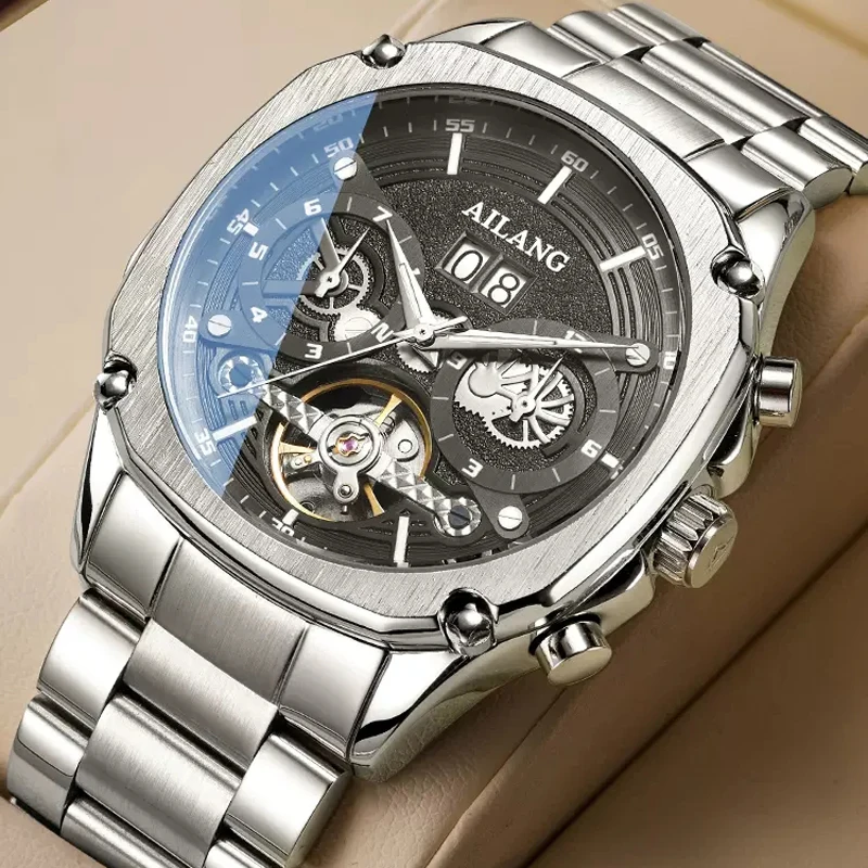 Мужские часы AILANG Luxury Skeleton Tourbillon, светящиеся водонепроницаемые автоматические механические мужские часы Reloj из нержавеющей стали