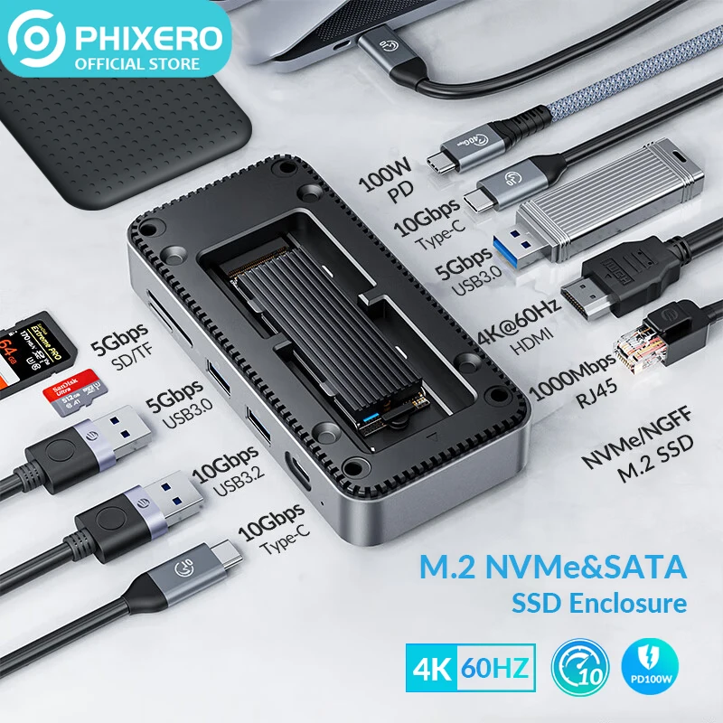 Док-станция PHIXERO с корпусом M.2 SSD USB C 10 Гбит/с PD 100 Вт RJ45 SD/TF 4K 10 в 1 док-станция для Ноутбука Macbook Pro