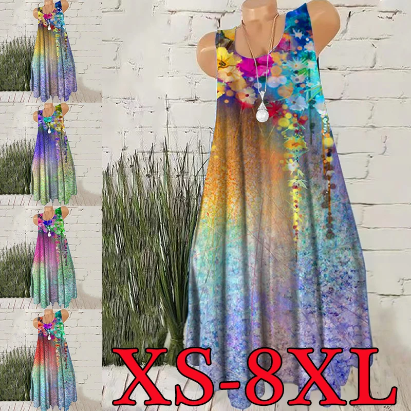 2022, Женское летнее платье с круглым вырезом, новое платье без рукавов с принтом XS-8XL