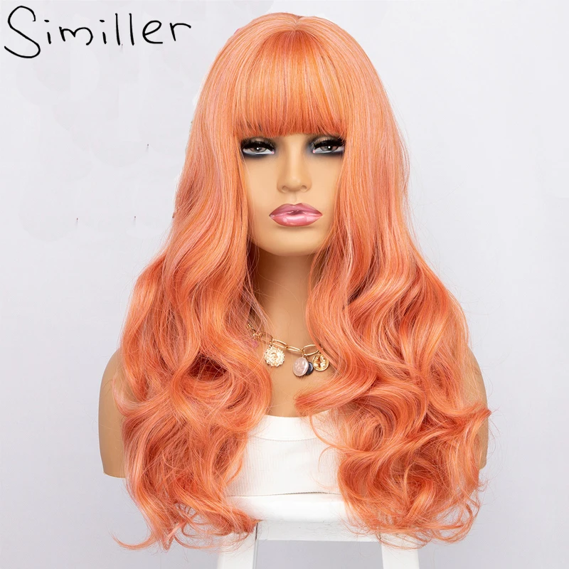 Similler Большие Волнистые Длинные синтетические парики для женщин, термостойкие волосы, оранжевый парик с челкой