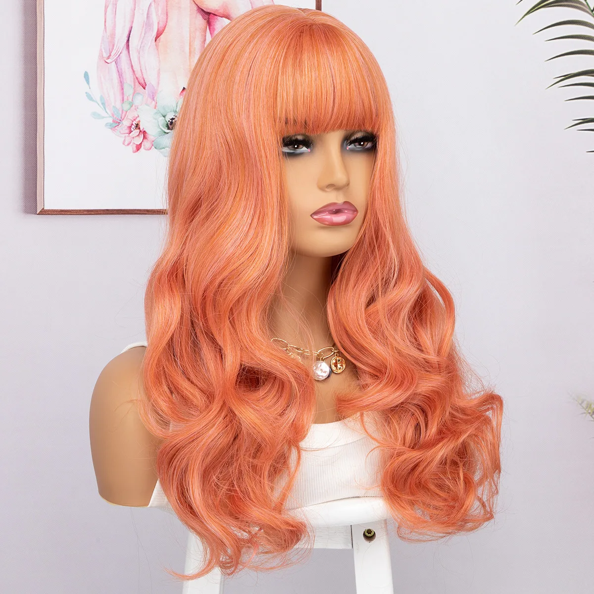 Similler Большие Волнистые Длинные синтетические парики для женщин, термостойкие волосы, оранжевый парик с челкой Изображение 2 