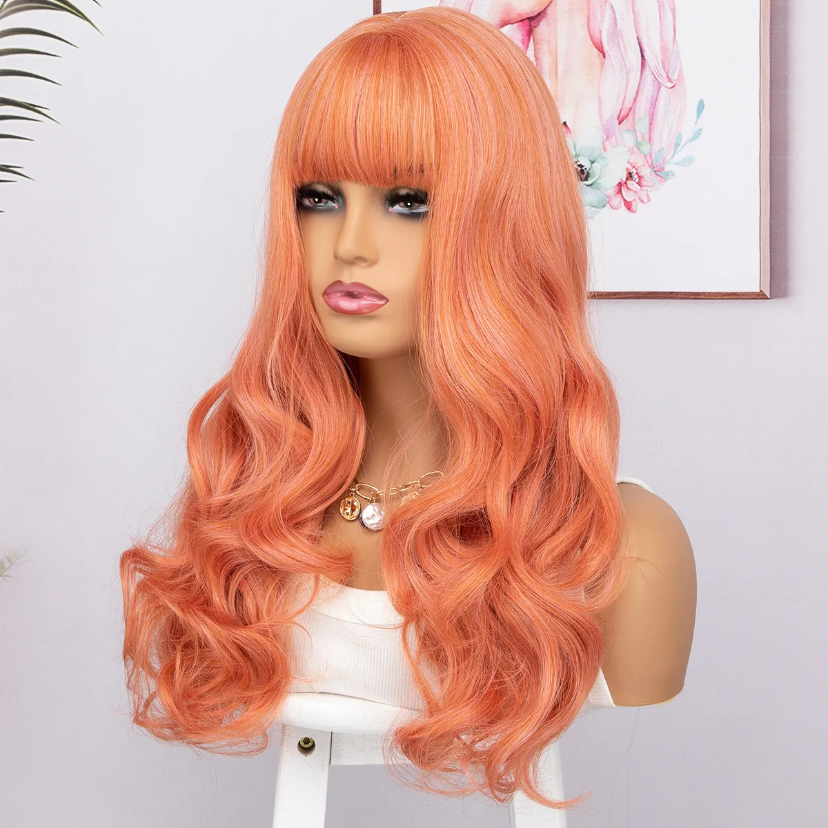 Similler Большие Волнистые Длинные синтетические парики для женщин, термостойкие волосы, оранжевый парик с челкой Изображение 3 