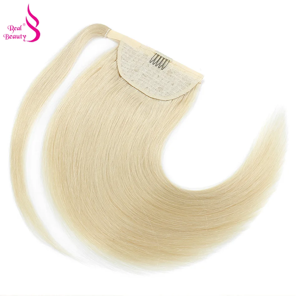 НАСТОЯЩАЯ КРАСОТА, Прямые Человеческие волосы, собранные в хвост, обернутые вокруг Европейской заколки Remy в виде хвоста для наращивания волос для женщин, отбеливающий блонд Изображение 3 
