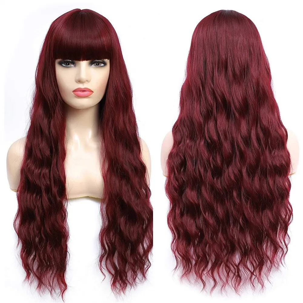 Красный Длинный Волнистый парик с челкой, Синтетический парик с объемной волной для женщин Изображение 0 