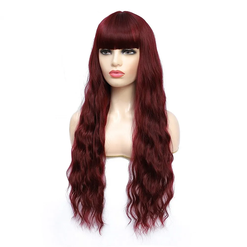 Красный Длинный Волнистый парик с челкой, Синтетический парик с объемной волной для женщин Изображение 3 