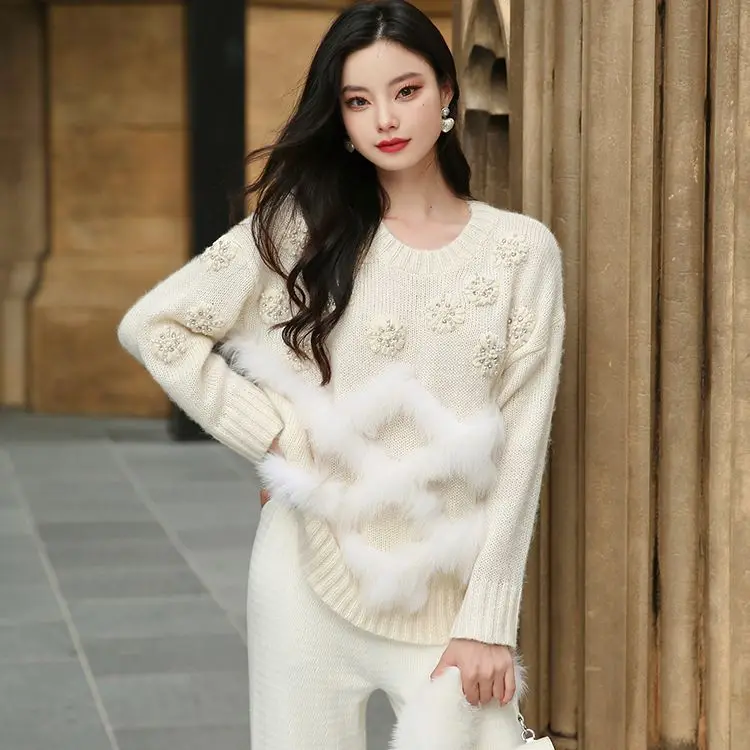 Винтажный бежево-белый Вязаный свитер из натурального лисьего меха, Плюшевый женский Пуловер из натурального меха, пальто Изображение 0 