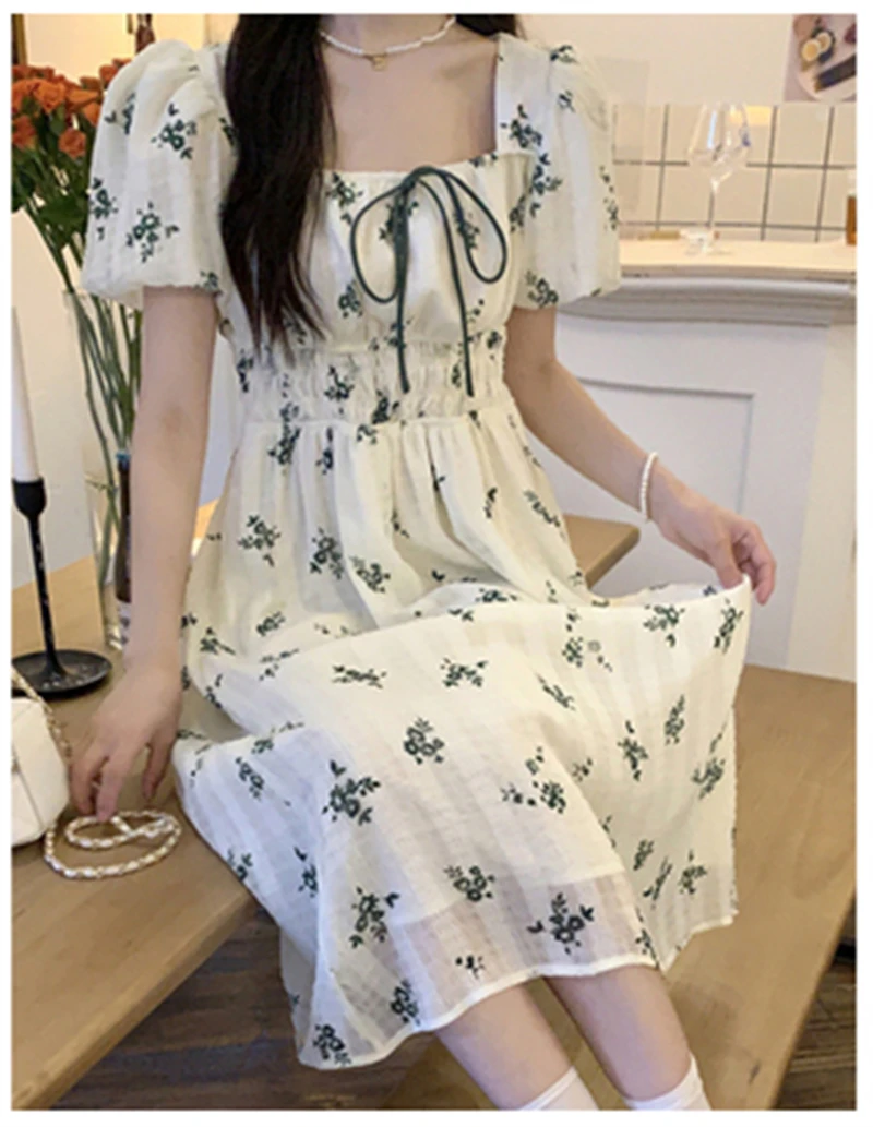 2023 Весенне-летняя женская одежда в корейском стиле, Приталенное Повседневное Классическое платье с цветочным рисунком