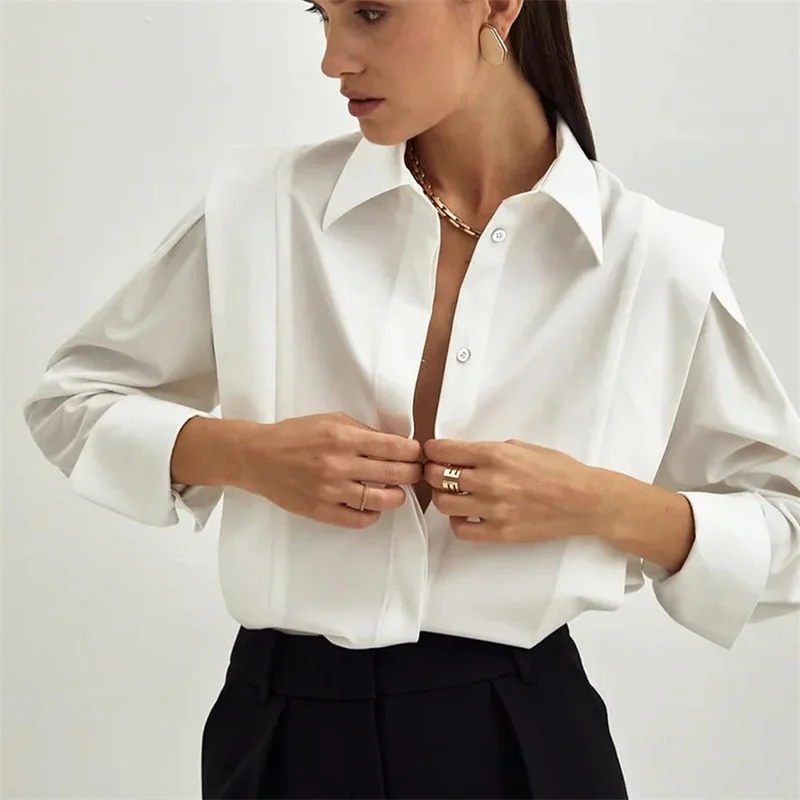 Стильная Женская блузка с отложным воротником и длинным рукавом, повседневная Офисная Женская приталенная рубашка, Топы