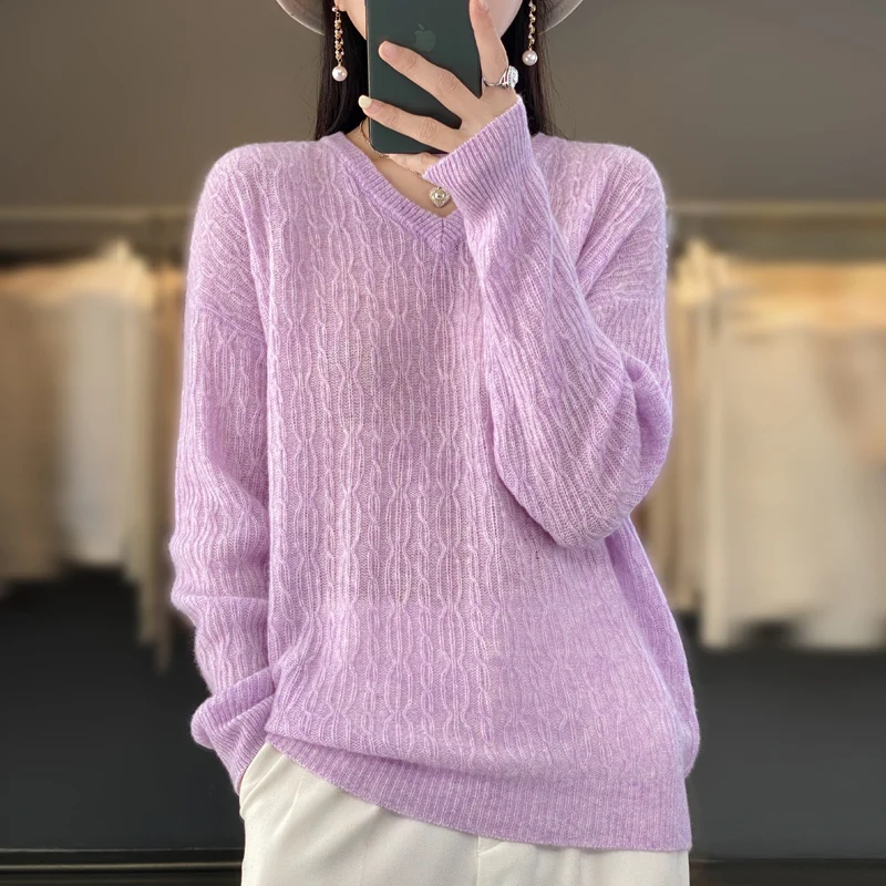 женский пуловер из 100% чистой шерсти с V-образным вырезом, вязаный свитер для отдыха, камвольный однотонный тонкий модный топ с длинным рукавом