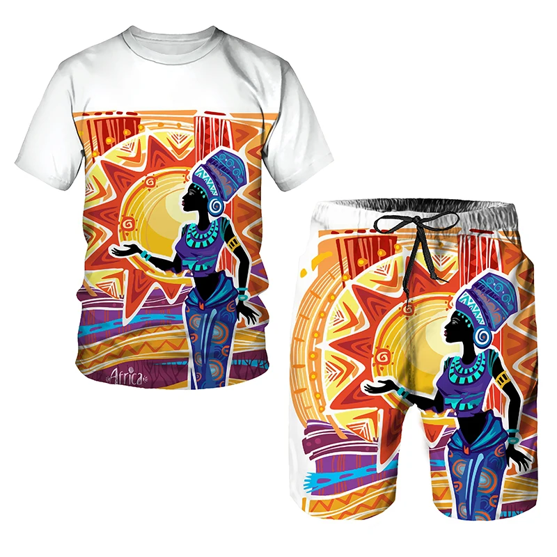 Летний мужской комплект футболок в Африканском стиле с 3D принтом, повседневная уличная одежда, крутая модная одежда, спортивный костюм с коротким рукавом Оверсайз