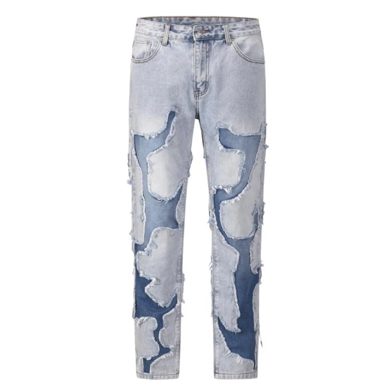 Рваные Нерегулярные Джинсы в стиле пэчворк, мужские повседневные байкерские брюки на молнии, джинсы, Модная уличная одежда в стиле хип-хоп, брюки для бега Трусцой Изображение 4 