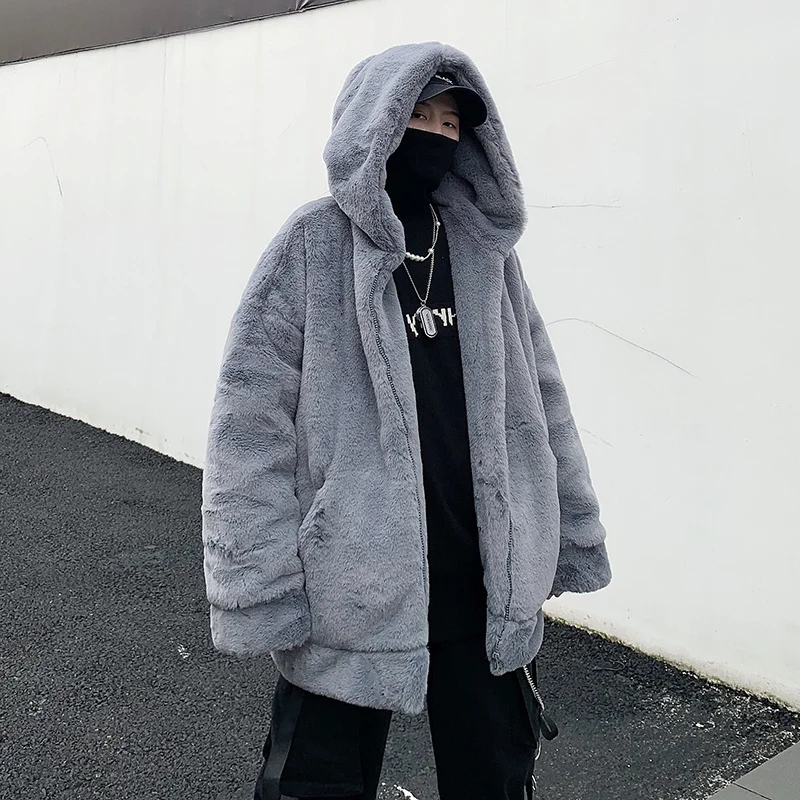 Куртка из искусственного меха кролика для мужчин Модные тенденции 2021 года Флисовая Одежда в подростковом стиле араджуку, Пальто ip op ded, Уличная Одежда Оверсайз