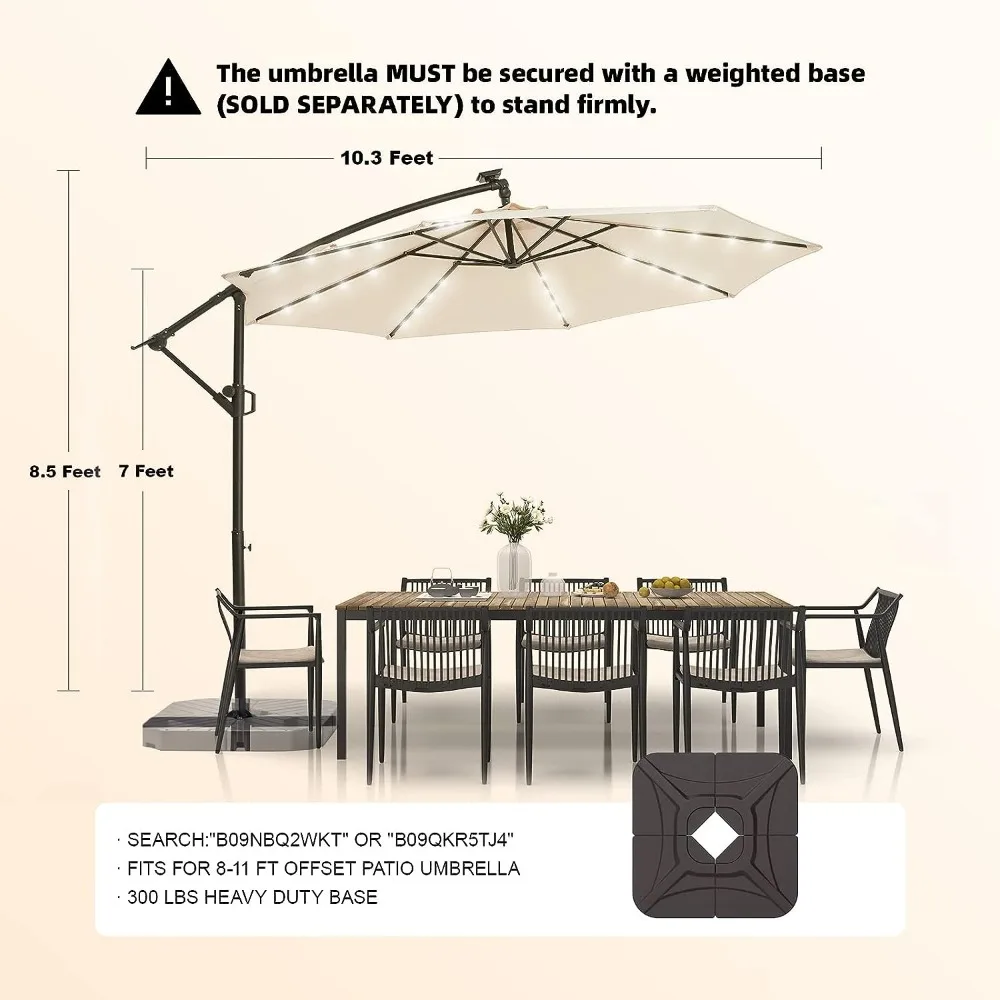 wikiwiki 10-футовый подвесной зонт для внутреннего дворика со смещенным солнечным светодиодом, легкая регулировка наклона, полиэфирный оттенок и поперечное основание Изображение 4 