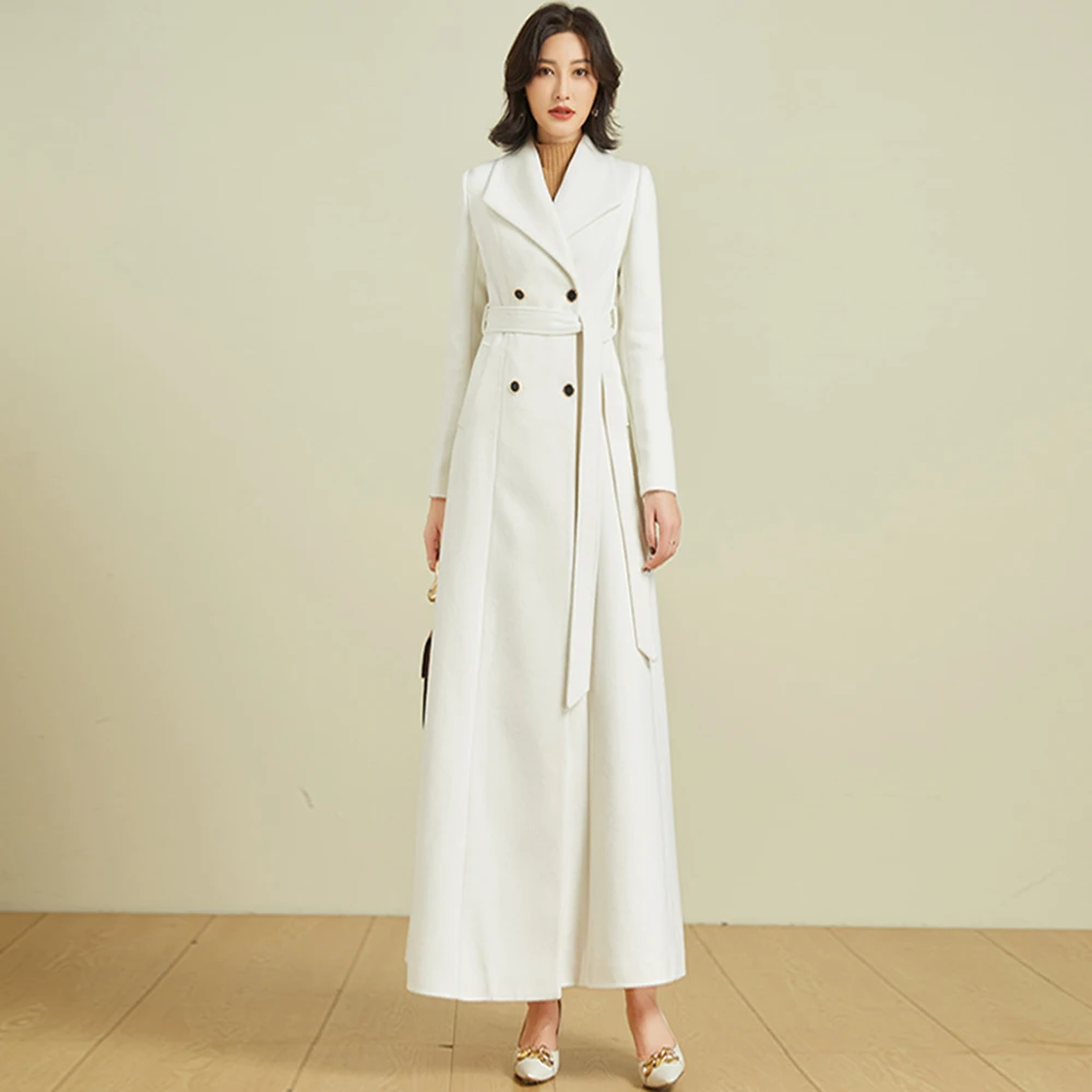 Новое женское длинное шерстяное пальто, осень-зима, Элегантный модный пояс с отложным воротником, тонкое пальто из смесовой шерсти, белая шерстяная верхняя одежда