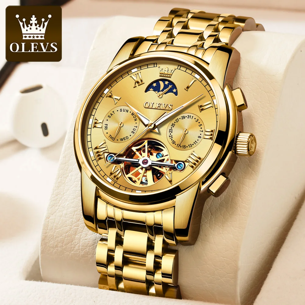 OLEVS, лучший бренд класса Люкс, механические часы с Турбийоном для мужчин, Водонепроницаемые мужские часы с фазой Луны, Золотые Автоматические часы для мужчин