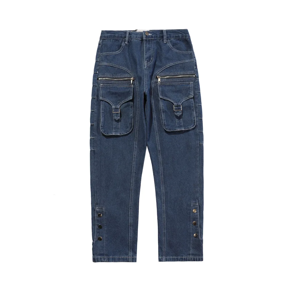 Модные Мужские Джинсовые брюки в стиле хип-хоп с множеством карманов и застежкой-молнией 2021 года, Прямые Повседневные Стильные джинсовые брюки-карго для подростков Pantalon Изображение 0 