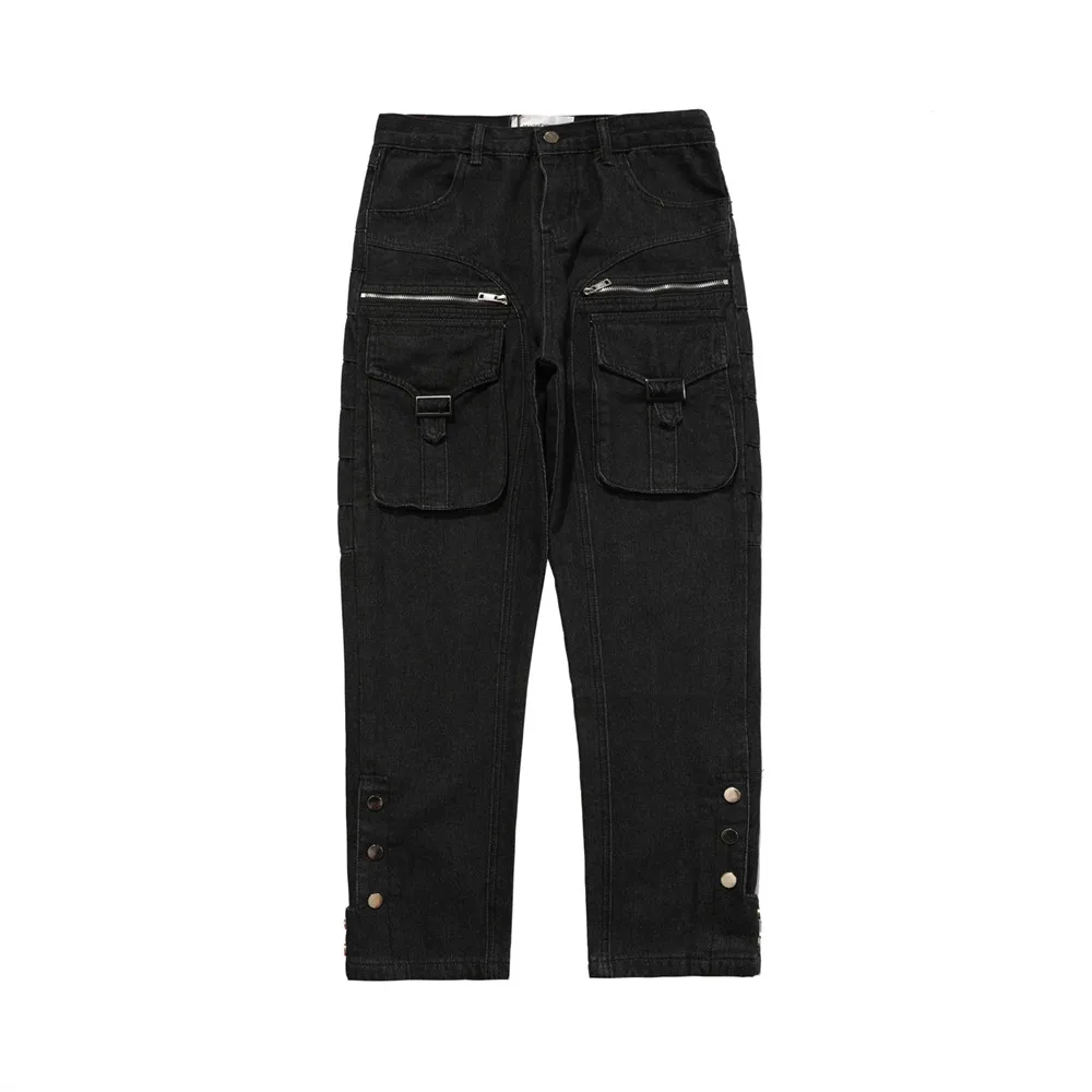 Модные Мужские Джинсовые брюки в стиле хип-хоп с множеством карманов и застежкой-молнией 2021 года, Прямые Повседневные Стильные джинсовые брюки-карго для подростков Pantalon Изображение 2 
