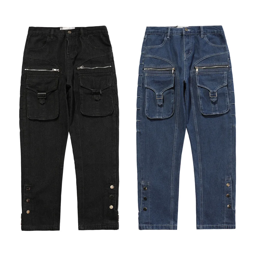 Модные Мужские Джинсовые брюки в стиле хип-хоп с множеством карманов и застежкой-молнией 2021 года, Прямые Повседневные Стильные джинсовые брюки-карго для подростков Pantalon Изображение 3 