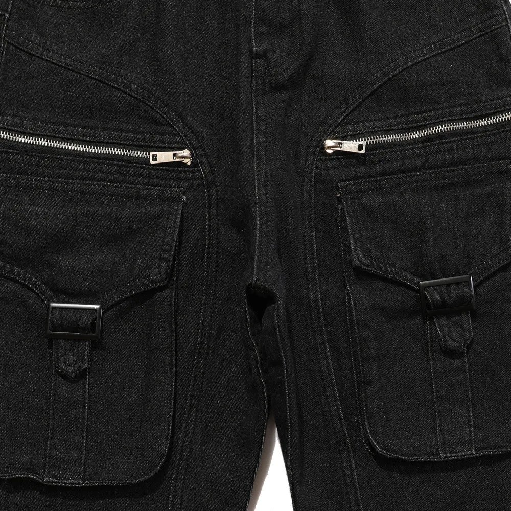 Модные Мужские Джинсовые брюки в стиле хип-хоп с множеством карманов и застежкой-молнией 2021 года, Прямые Повседневные Стильные джинсовые брюки-карго для подростков Pantalon Изображение 4 