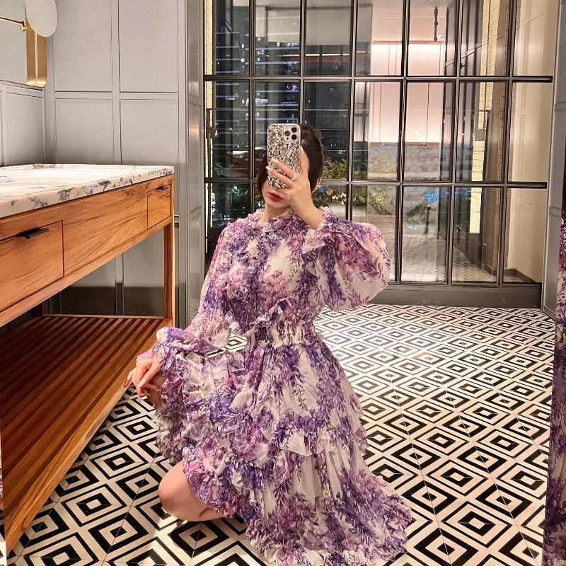 2023 Высококачественные фиолетовые цветочные платья из натурального чистого шелка с оборками, асимметричные мини-винтажные платья для женщин