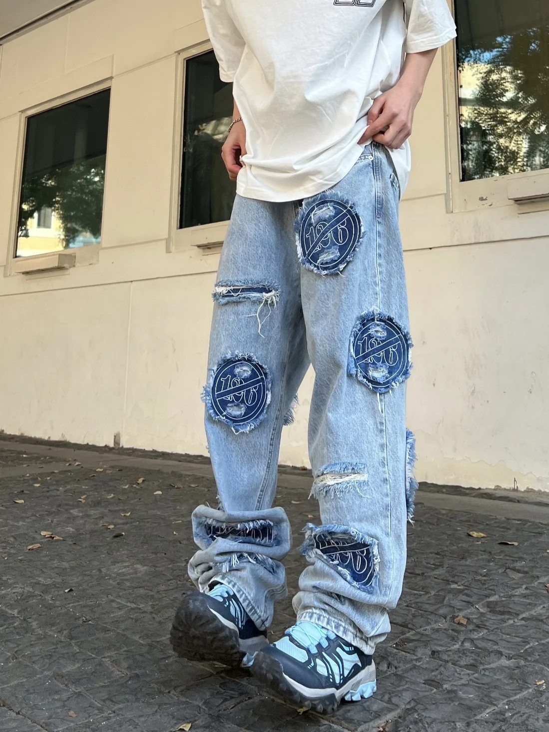 Американский Стиль, Оригинальные Ретро выстиранные рваные джинсы в стиле пэчворк с высокой талией и вышивкой, Уличная одежда, джинсовые брюки Ins, брюки