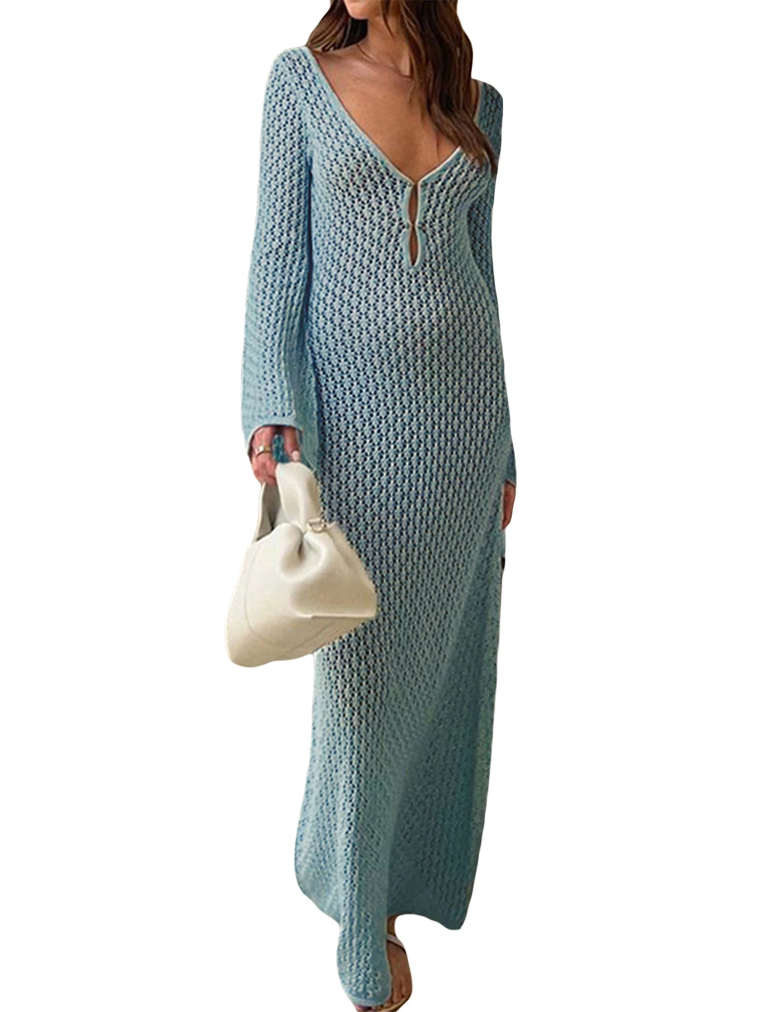 Женское вязаное крючком кружевное платье макси с длинным рукавом и вырезом - Элегантная пляжная накидка для купальников