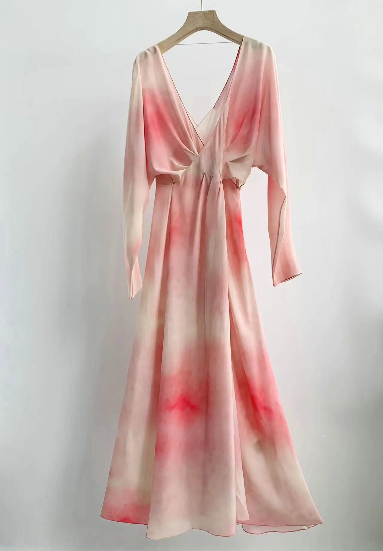 2023, Весенне-летнее Модное Женское Высококачественное Элегантное Платье из 100% шелка с V-образным вырезом и длинными рукавами C116