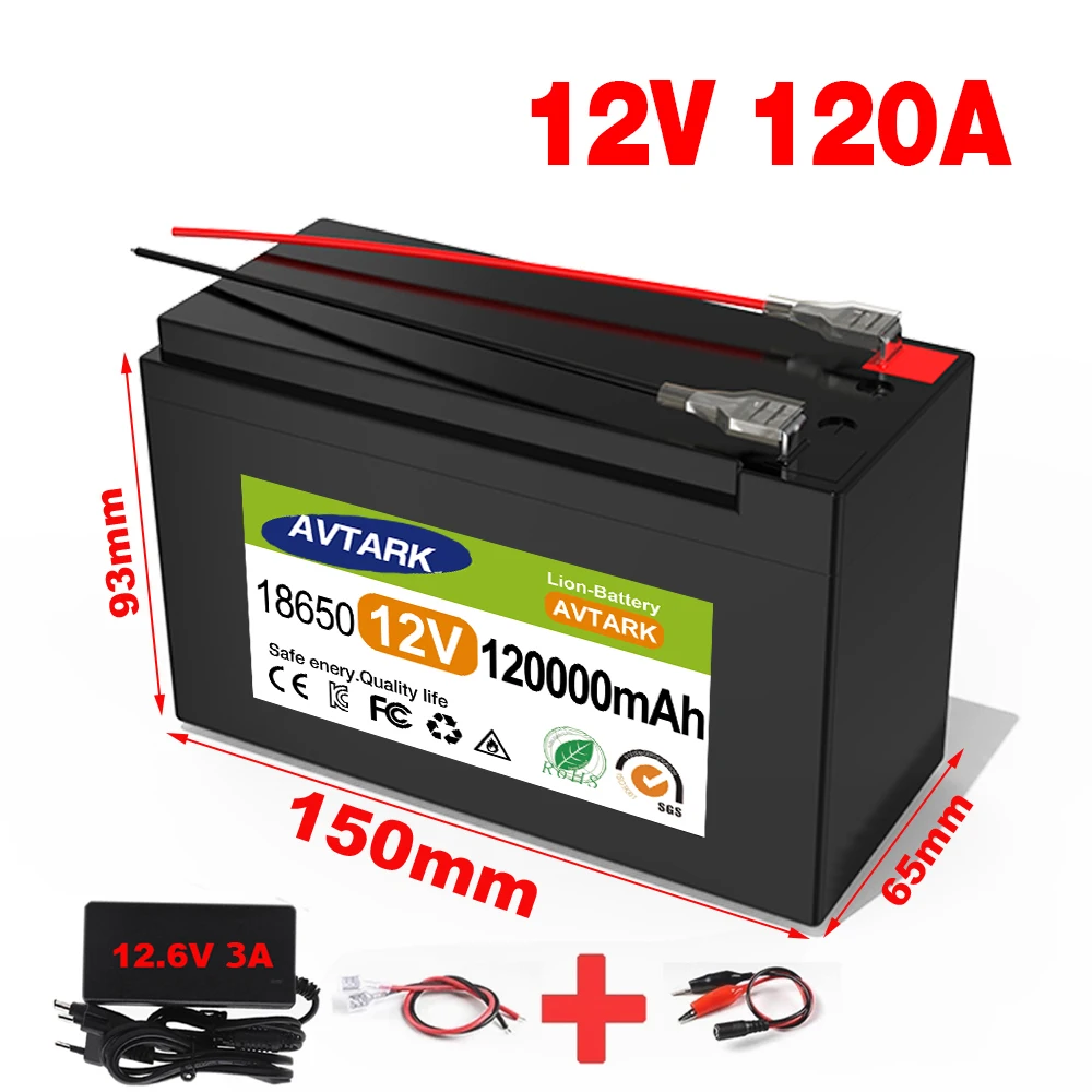 12v 18650 литий-ионная аккумуляторная батарея постоянного тока 12,6 V 120Ah с разъемом EU + зарядное устройство 12,6 v 3a + кабель cr123a DC bus head
